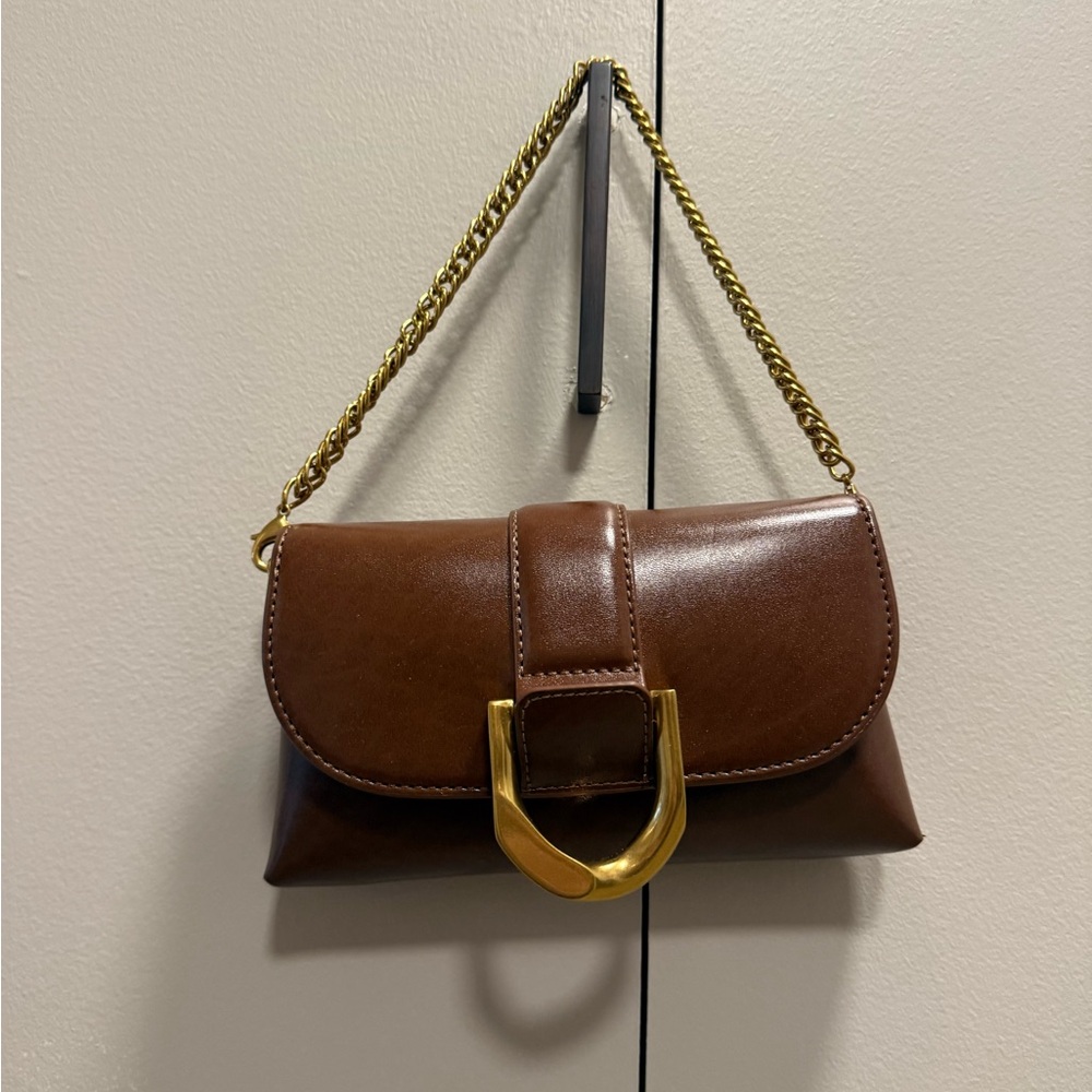 Charles and Keith Brown Leather Bag with Gold Chain and Long Straps